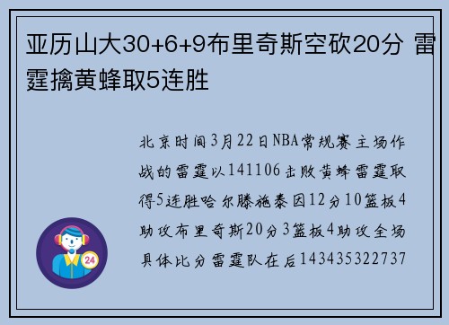 亚历山大30+6+9布里奇斯空砍20分 雷霆擒黄蜂取5连胜